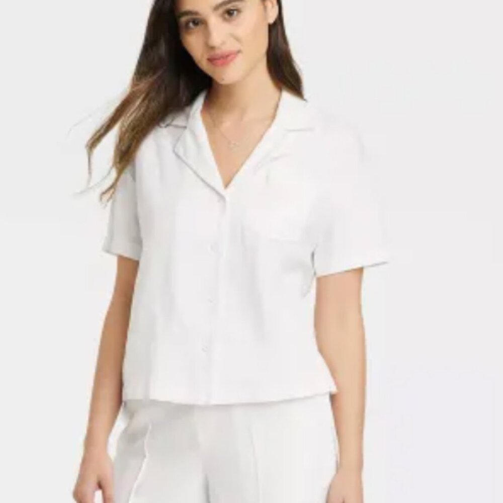 A New Day Women's Linen Short Sleeve Button Down Camp Shirt White Size Small